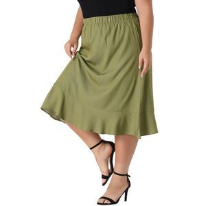 Plus Size Midi Elastic Waist Denim Pleated Hem Chambray Skirts Olive Green